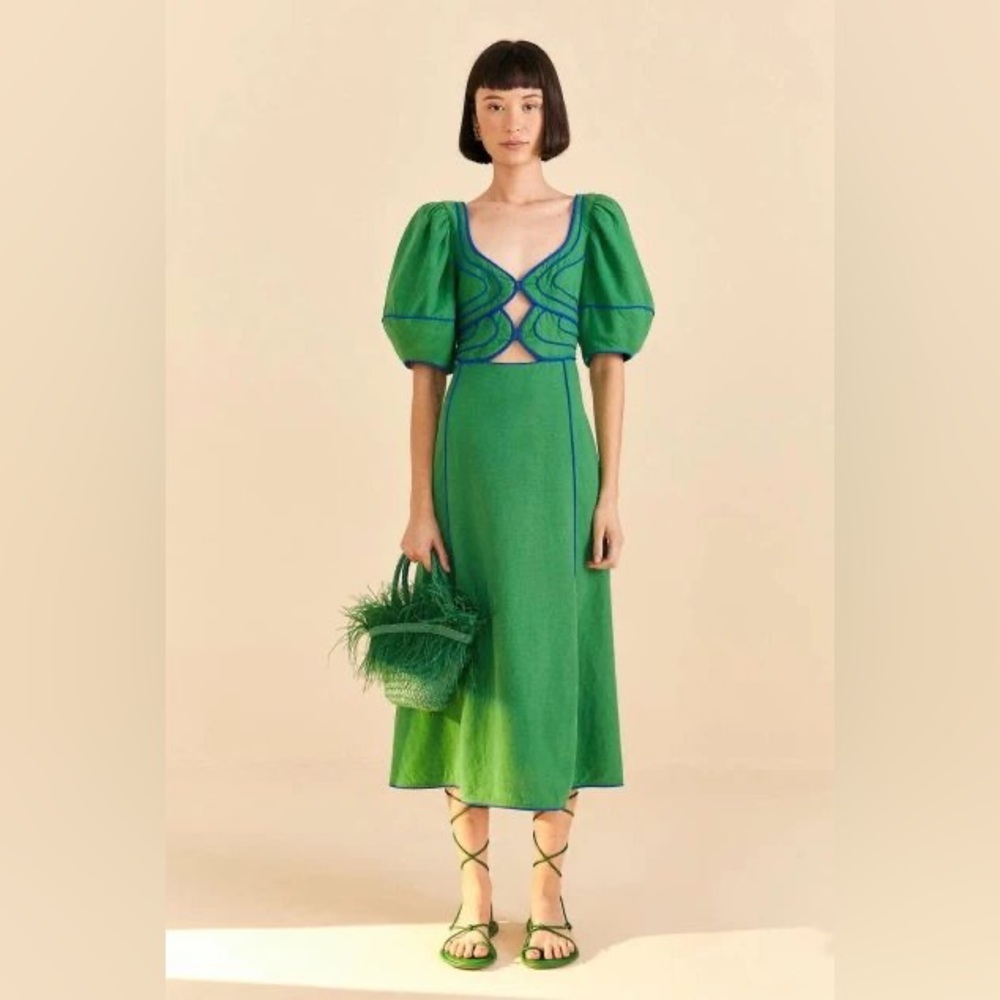 FARM Rio Green Midi Dress with Puff Sleeves
